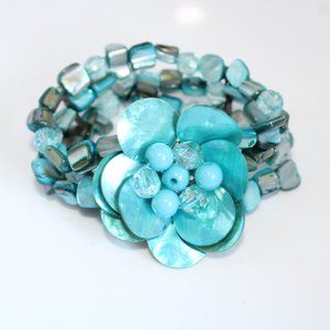Hand Crafted Blue Shell And Beads Abalone Look A Like Stretch Bracelet